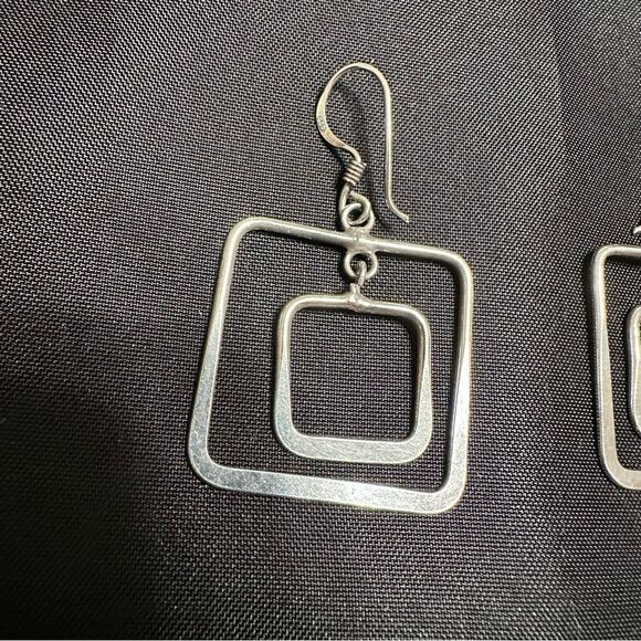 Sterling Silver Geometric Double Square Hoop Dangle Earrings - Picture 2 of 6